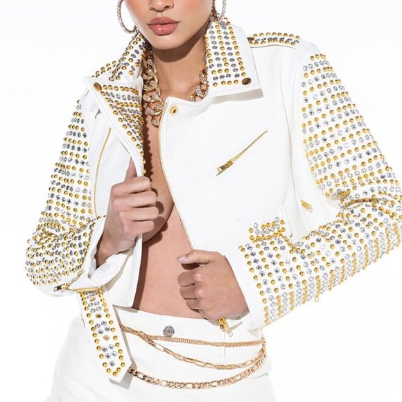 Callie Lives White Gold Azalea Wang Ivory l Studded Rhinestone Moto Jacket Large - Picture 6 of 8